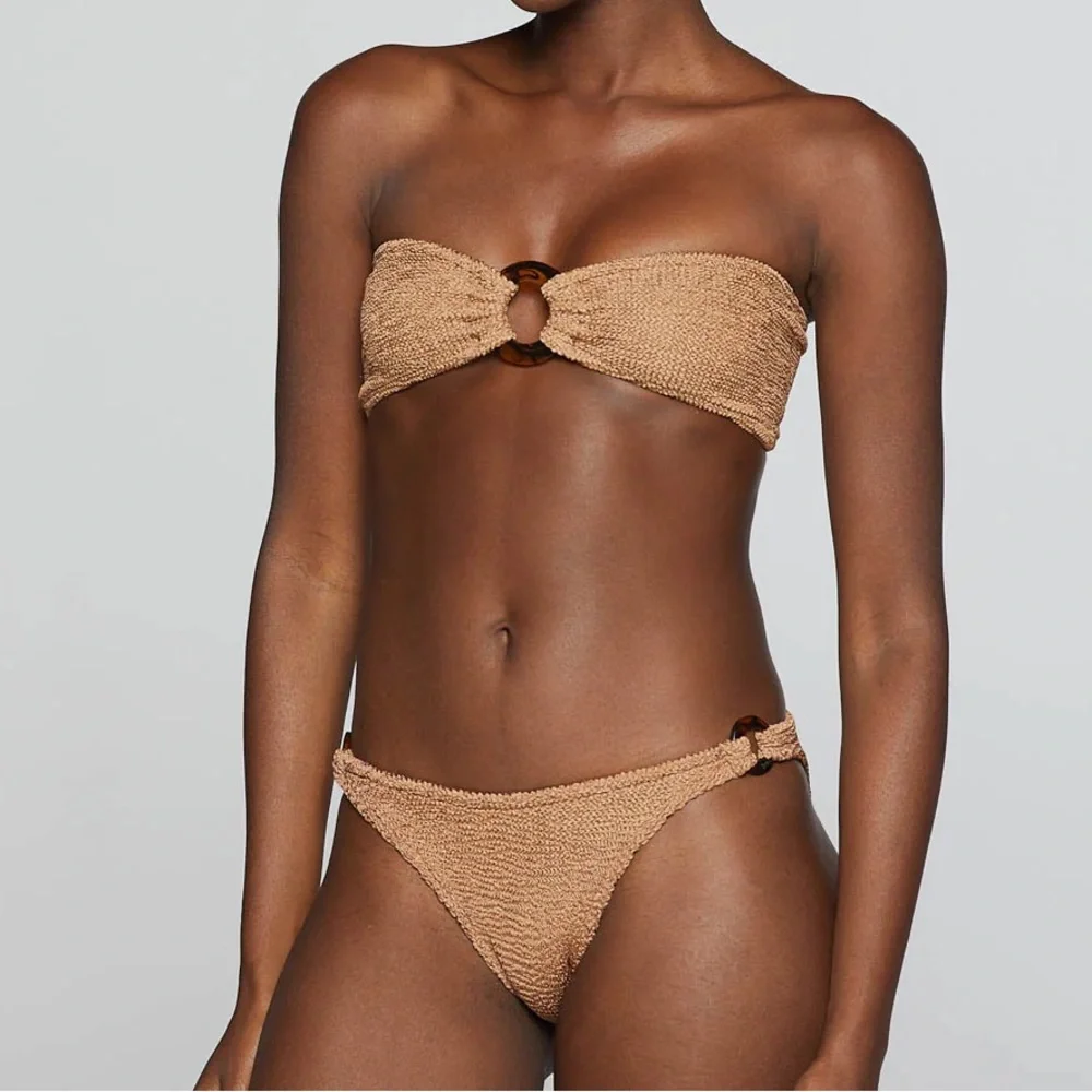 New Hunza G Gloria Bikini SET Metallic Cocoa Seersucker Bandeau Crinkle Tan Cute - Picture 7 of 12